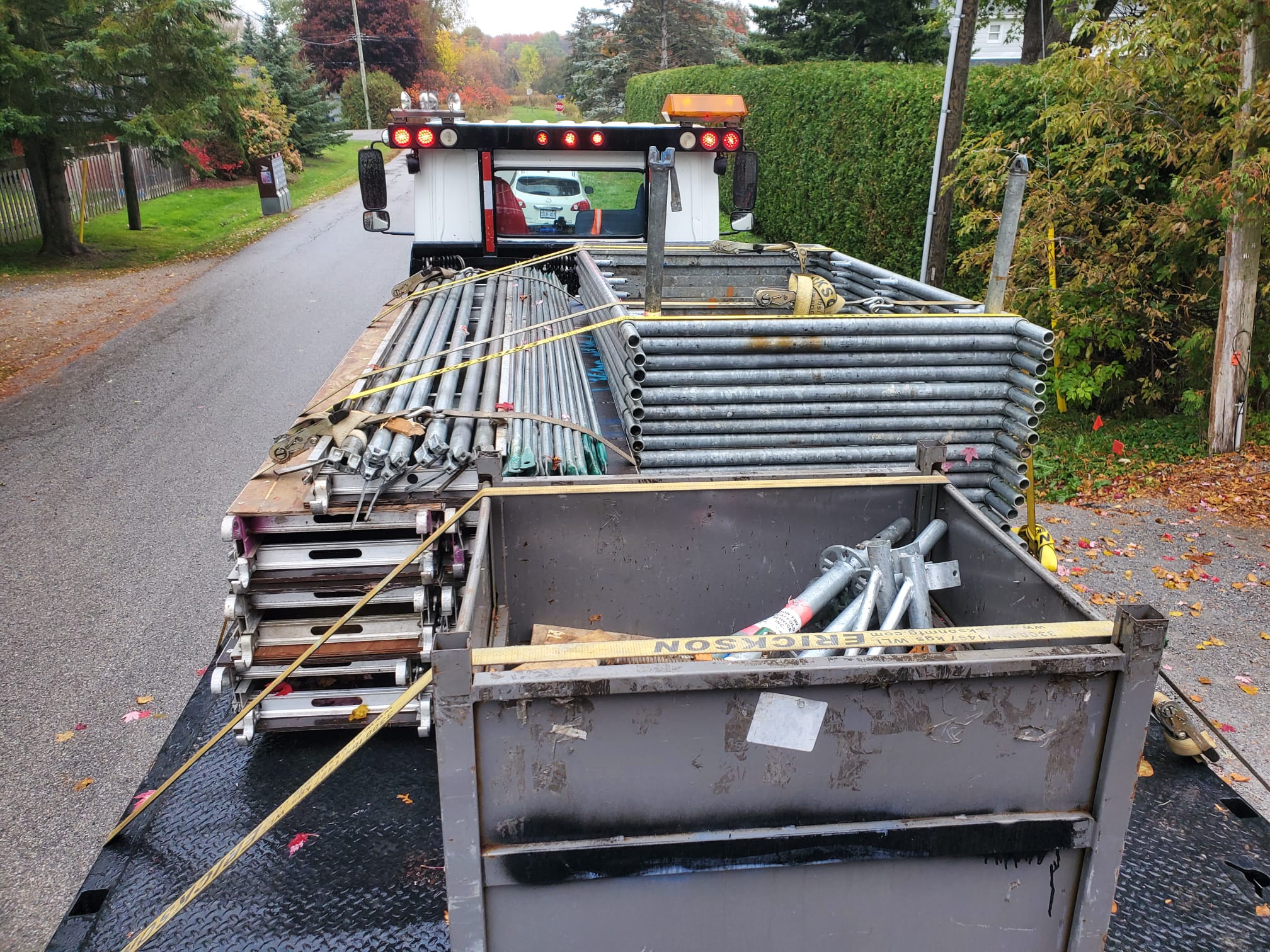 Scaffolding and construction materials on flatbed
